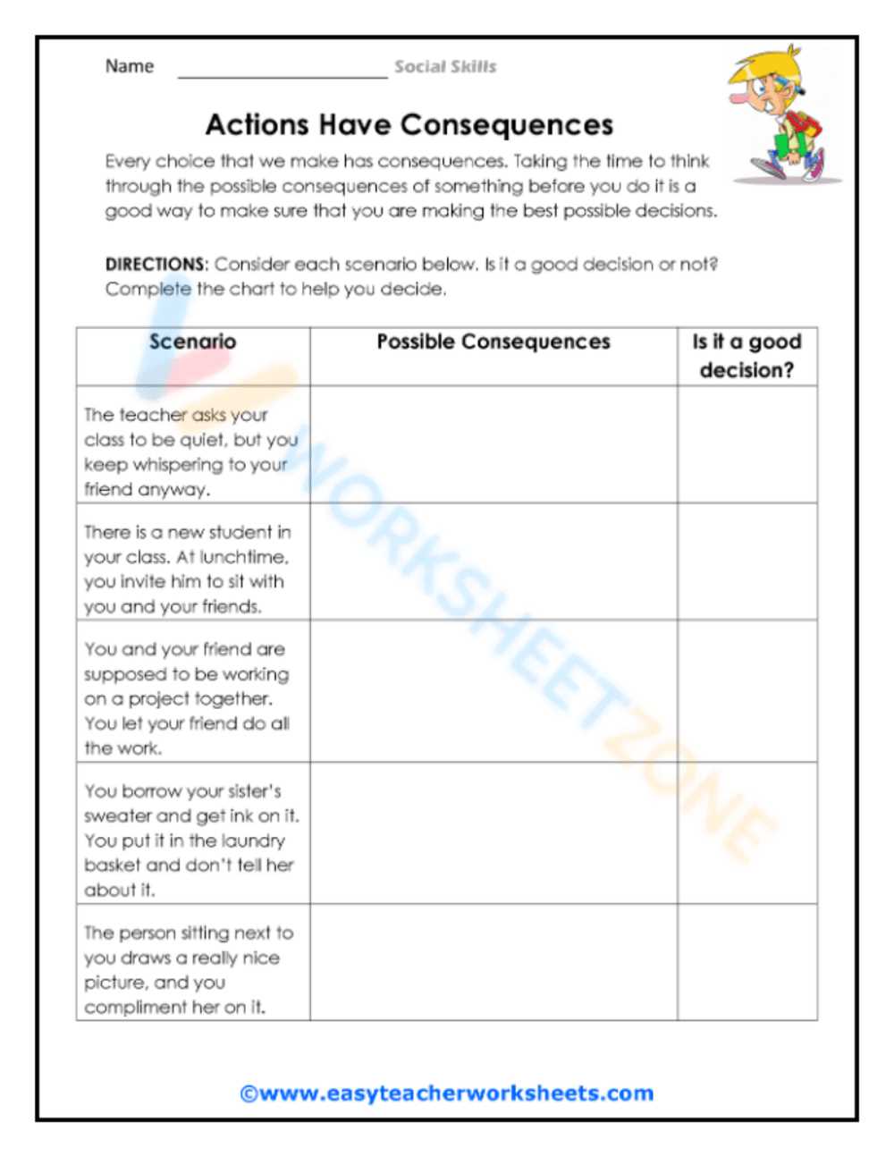 consequences worksheet for kids