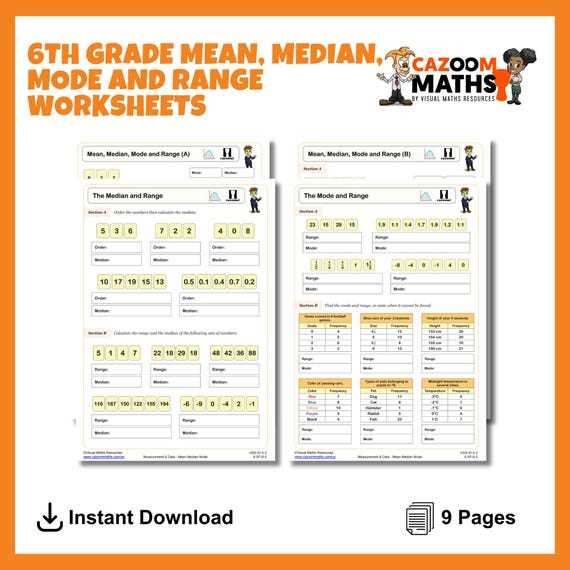 mean median mode and range worksheets