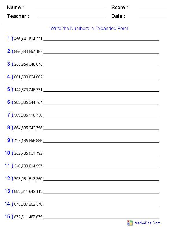 standard form word form expanded form worksheets