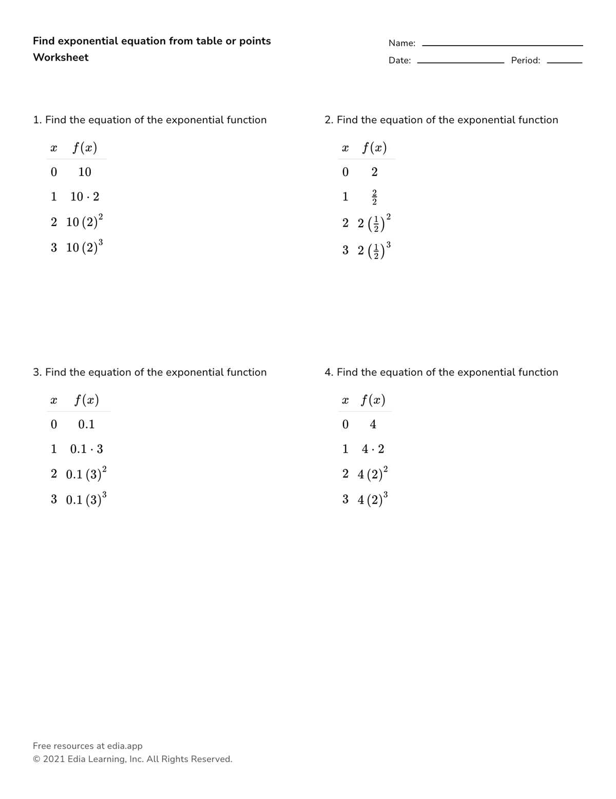 exponential function worksheet doc