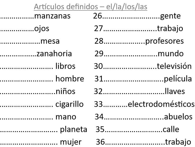 el and la spanish worksheet
