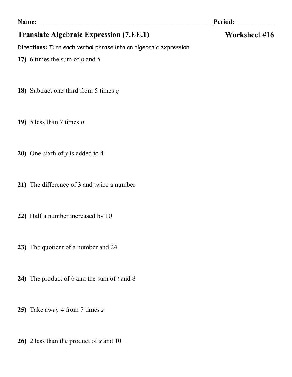 identifying parts of an expression worksheet