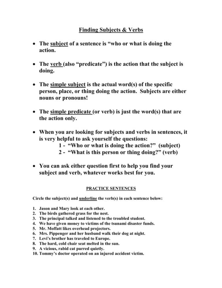 identifying subjects and verbs worksheet