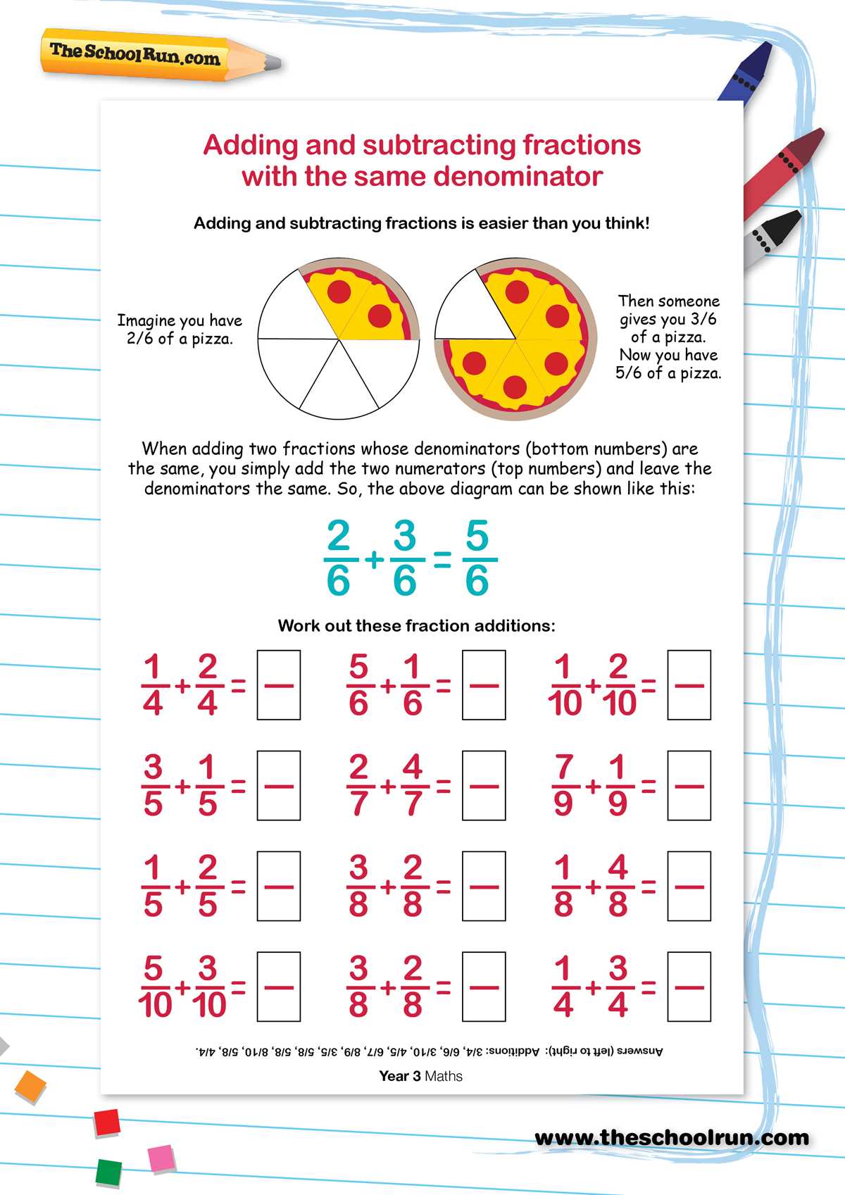 subtracting fractions with common denominators worksheets