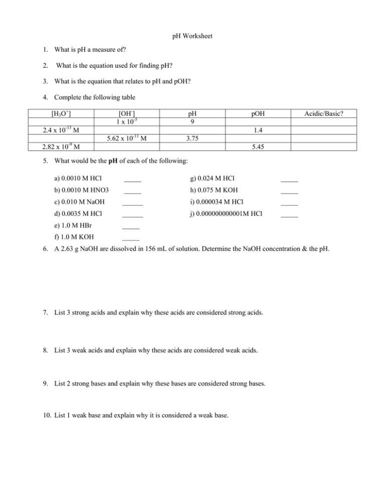 acids and bases ph worksheet