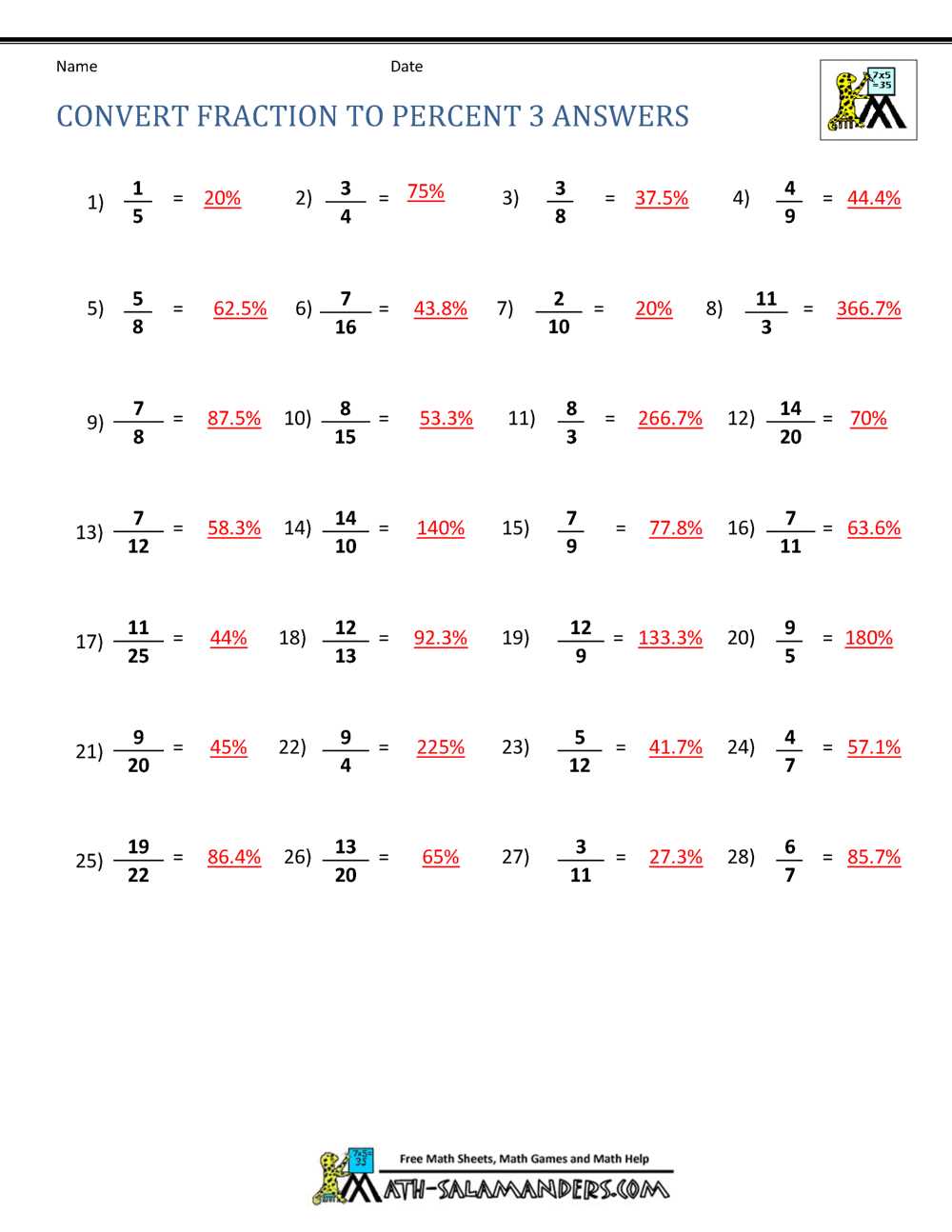 fractions to percentages worksheet