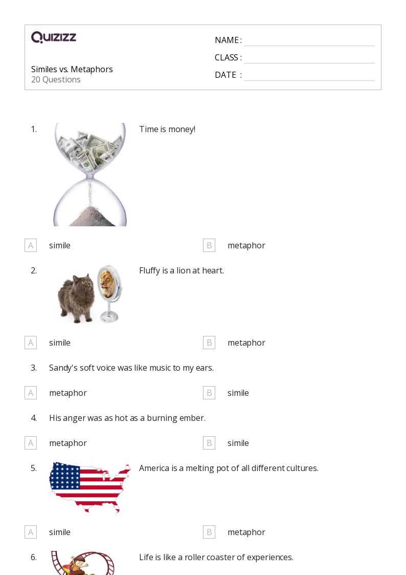 metaphors and similes worksheets