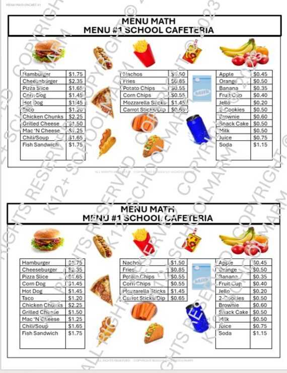 menu math worksheets