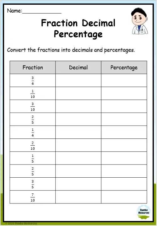 converting fractions decimals and percents worksheets