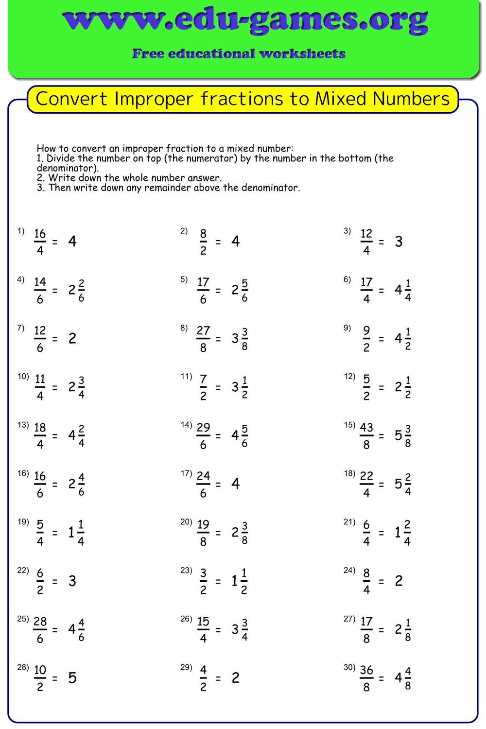 improper fractions to mixed numbers worksheets