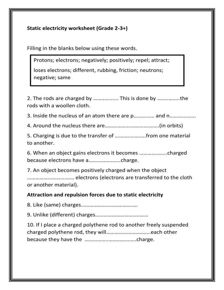 electrostatics physics worksheet