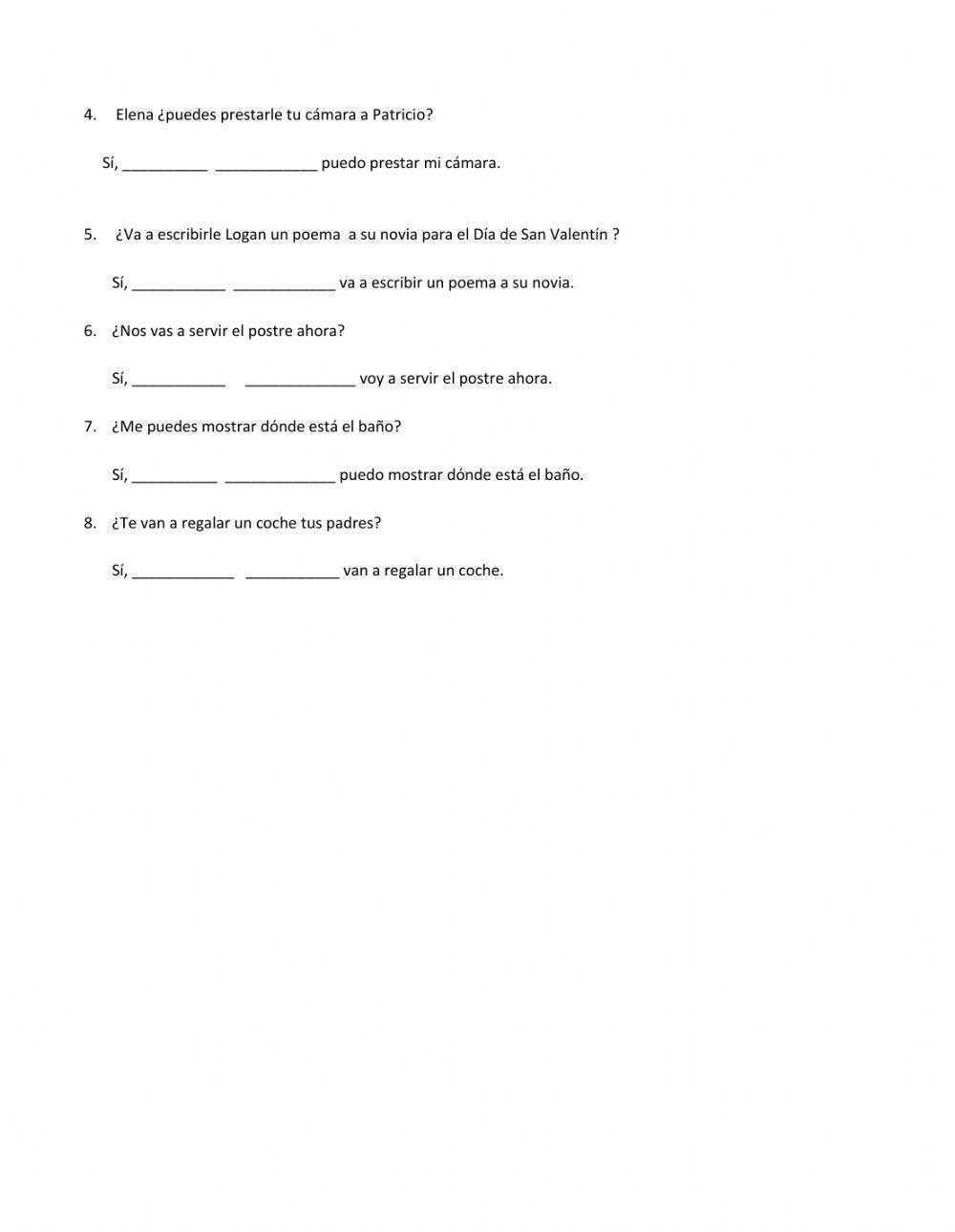indirect object pronoun worksheet spanish