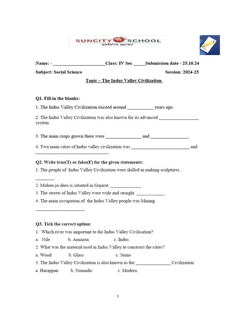 indus valley civilization worksheets