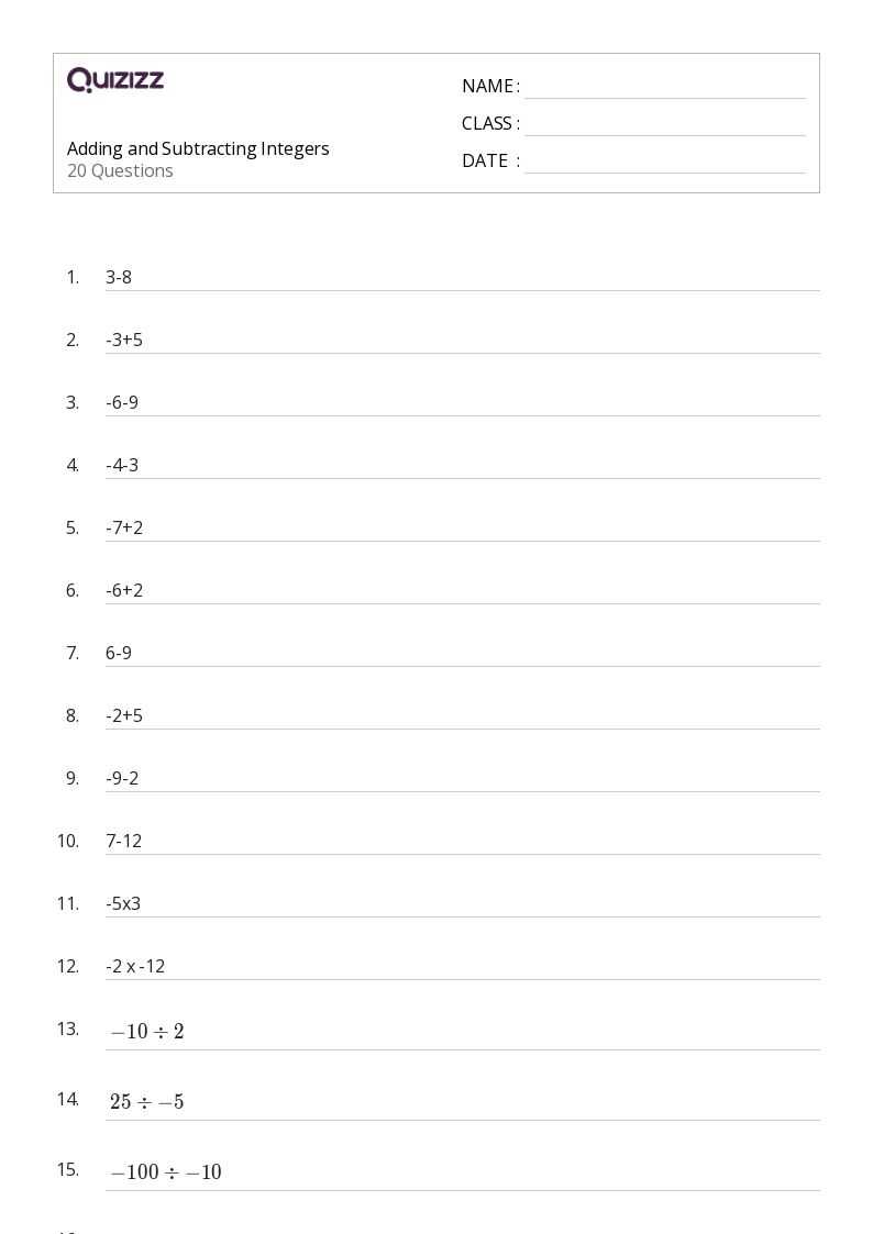 integer adding and subtracting worksheet