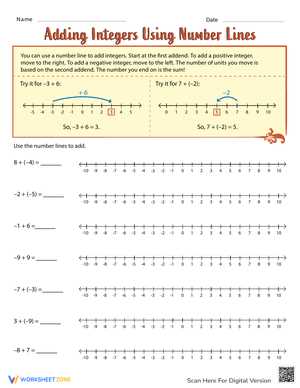 integers and number lines worksheet