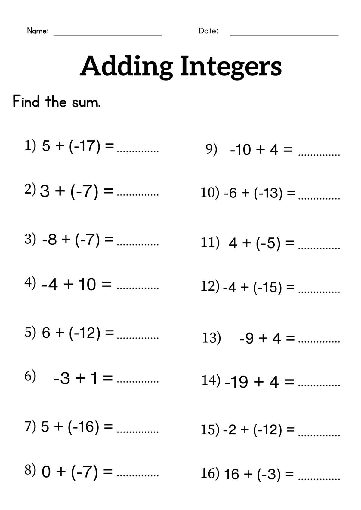 integers printable worksheets