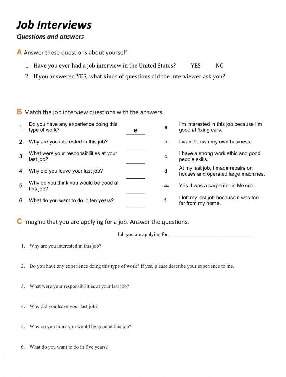 interview questions worksheet