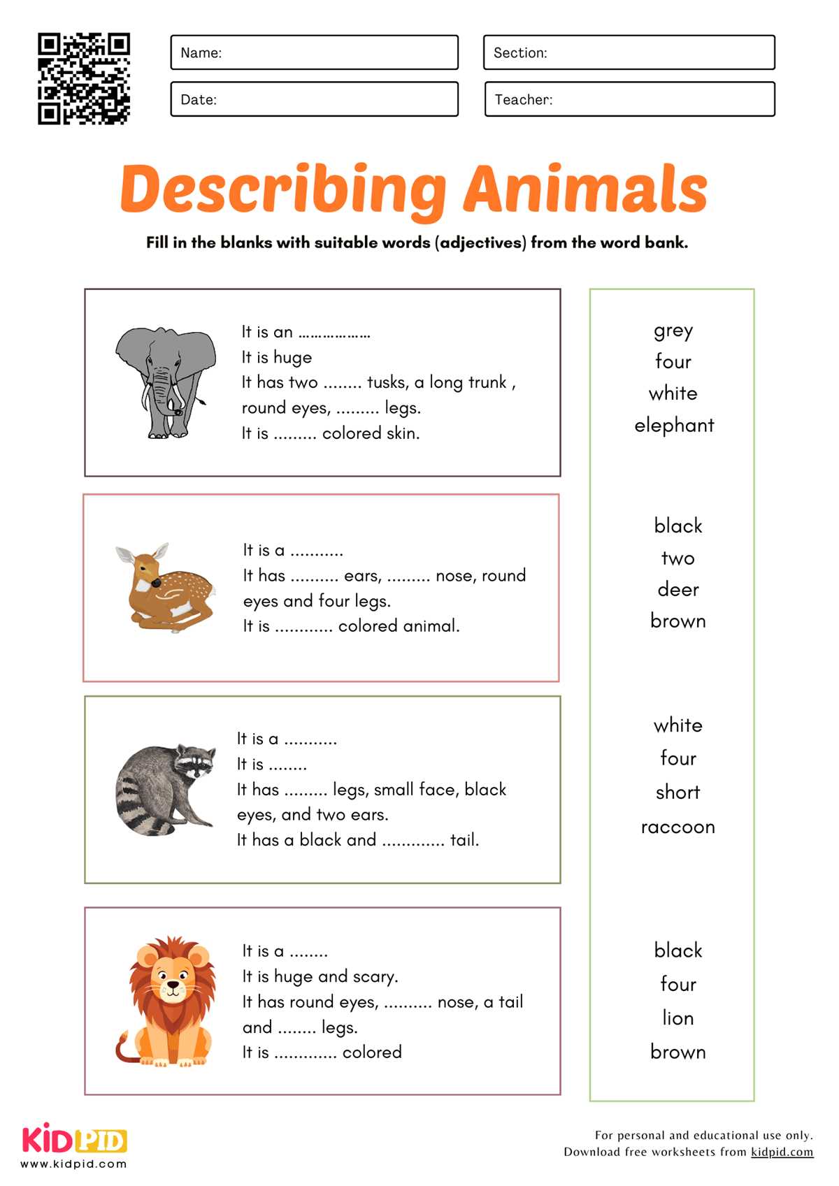 describe animals worksheet
