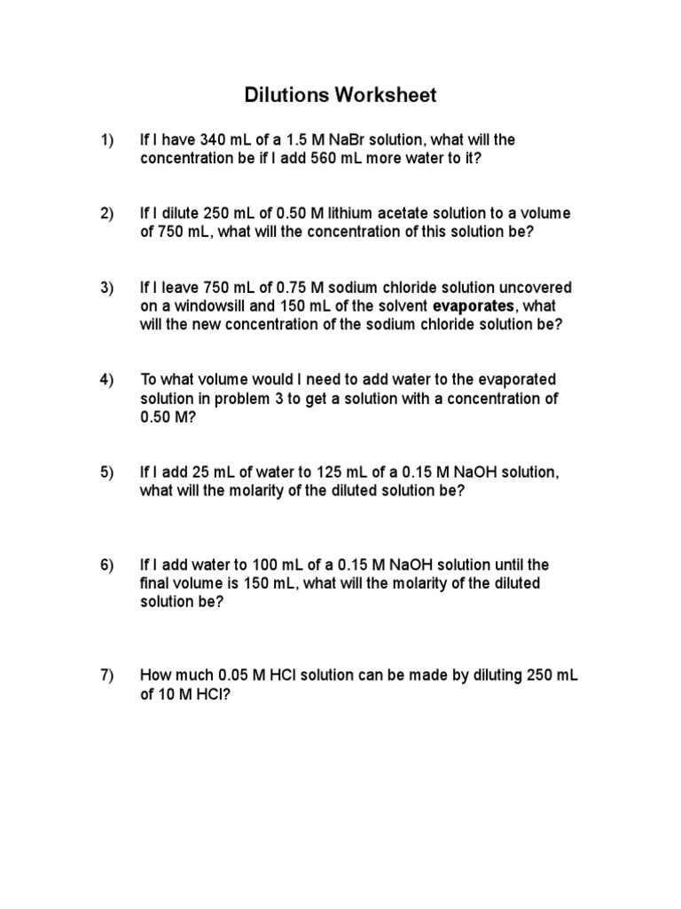 molarity and dilutions worksheet