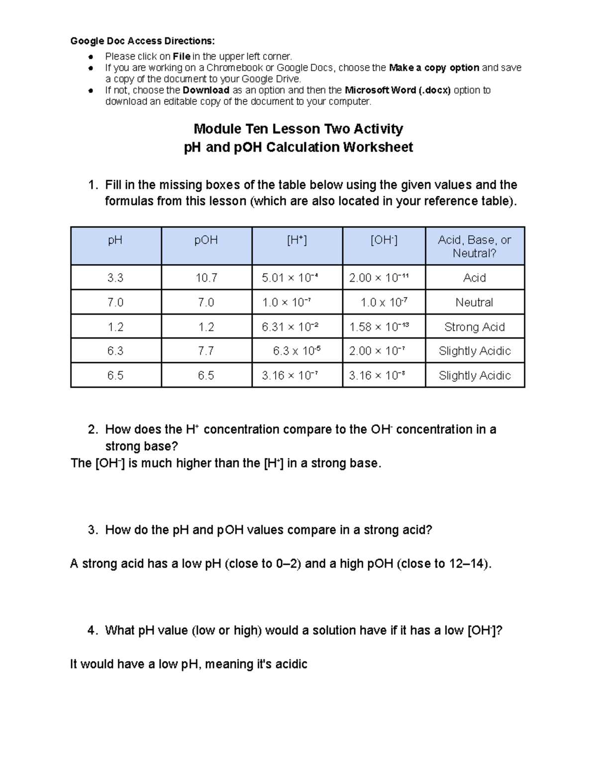 chem 1020 ph calculations worksheet