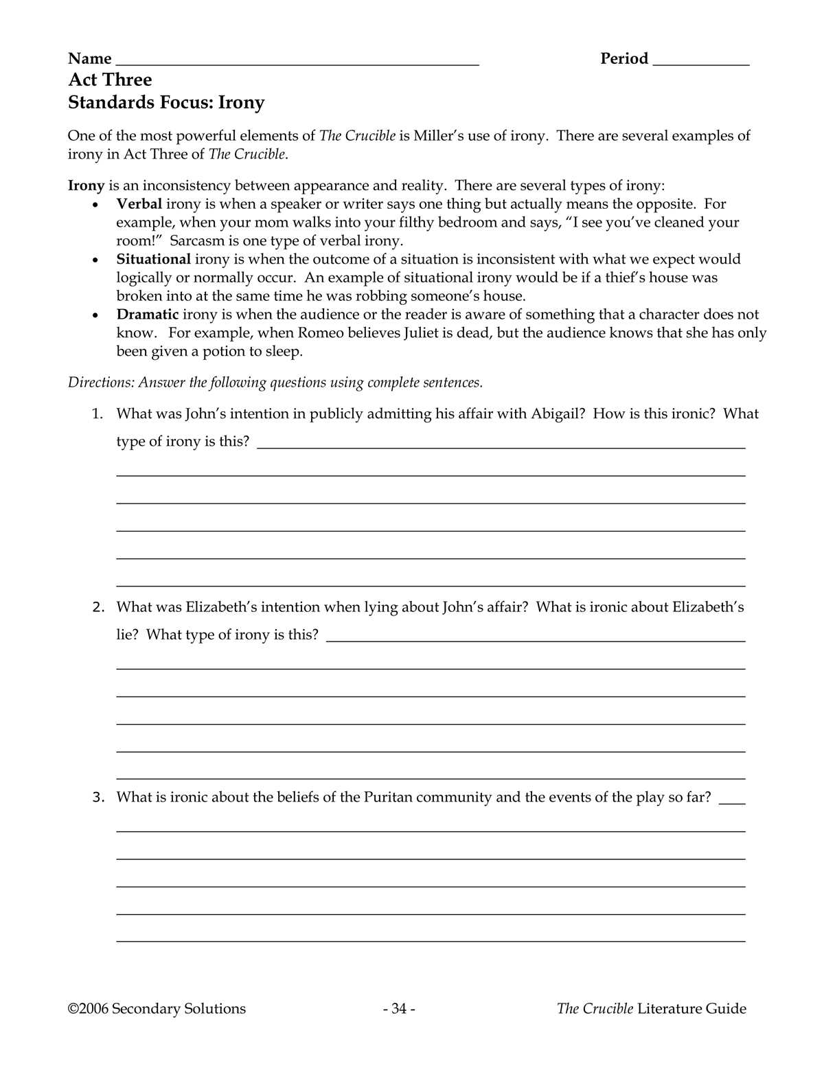 irony worksheet