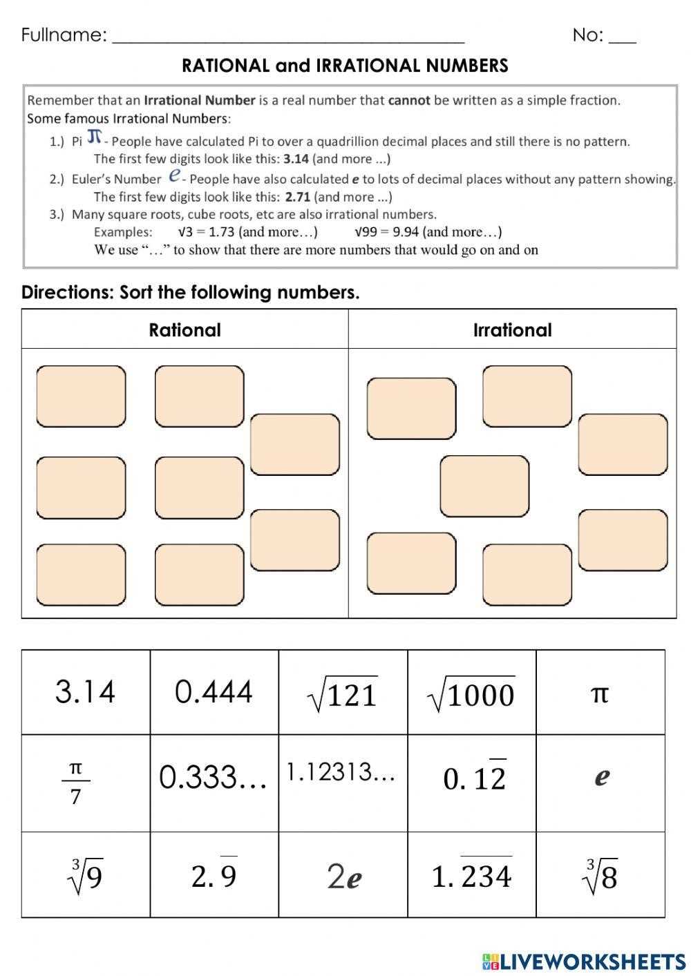 irrational vs rational numbers worksheet