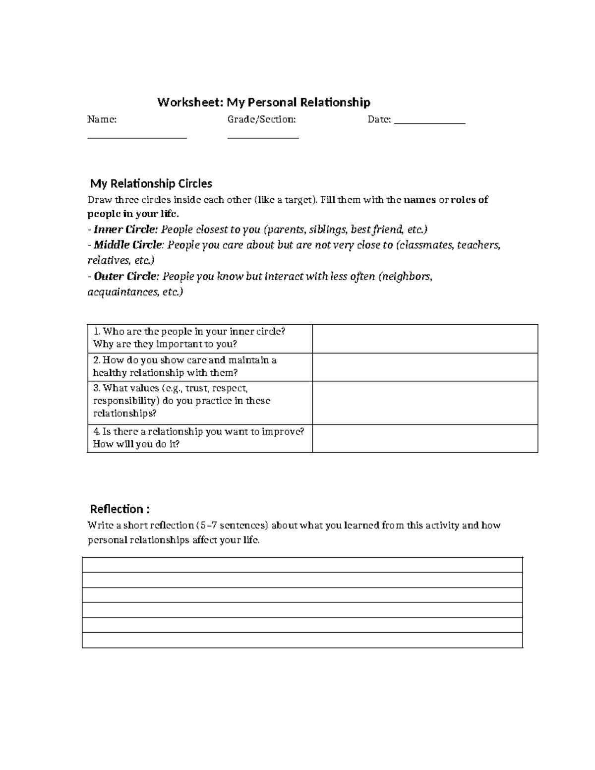 values in relationships worksheet values in relationships worksheet
