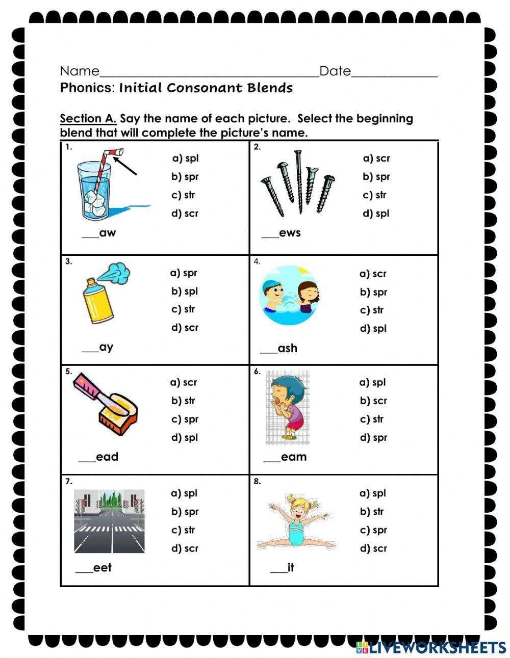 initial consonant blends worksheets