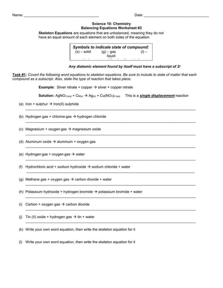 chemistry 1 balancing equations worksheet