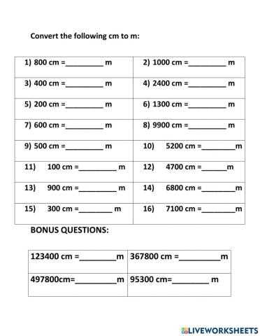 conversion cm to m worksheet