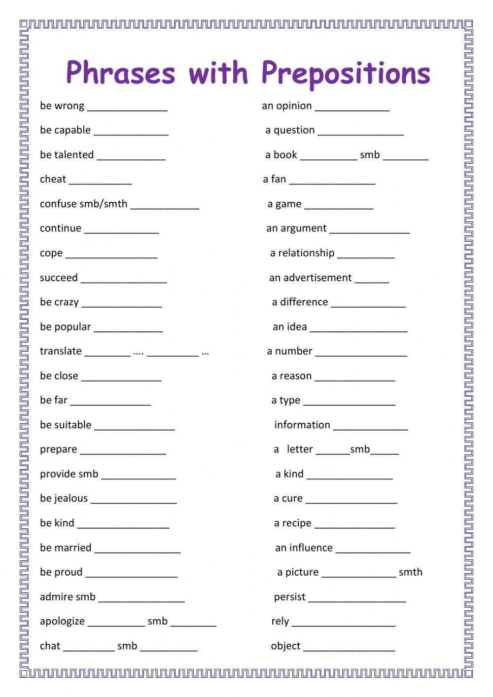adjectives with prepositions worksheets