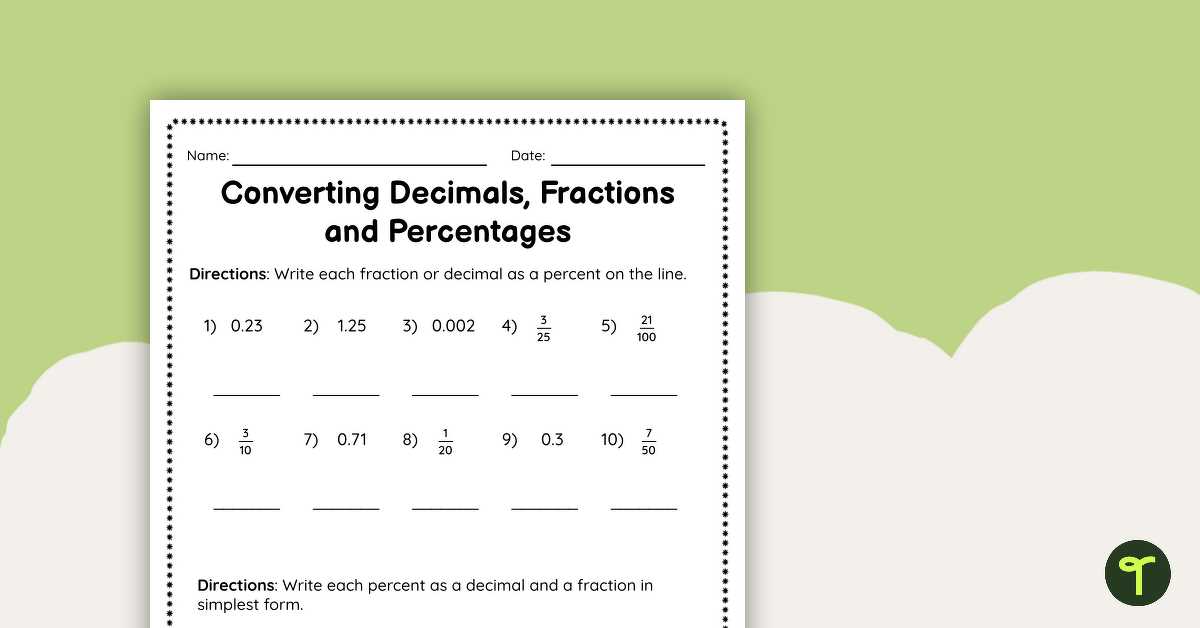 converting fractions decimals and percents worksheets