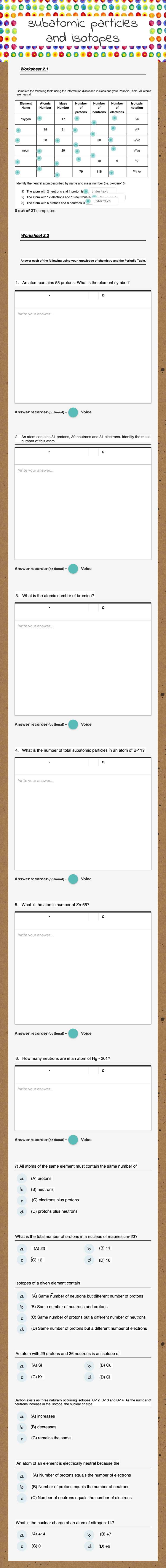worksheet on subatomic particles