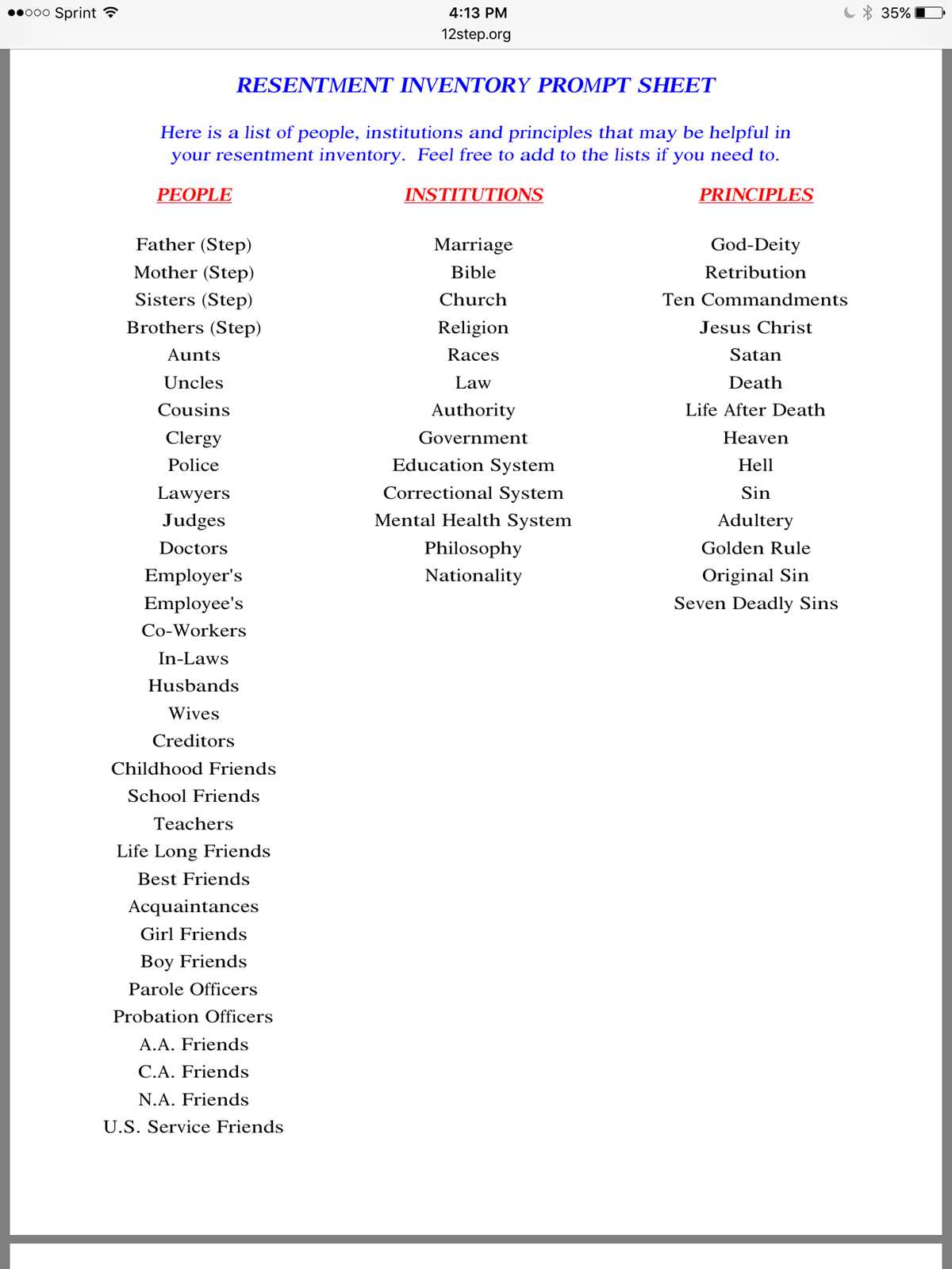 na fourth step worksheet