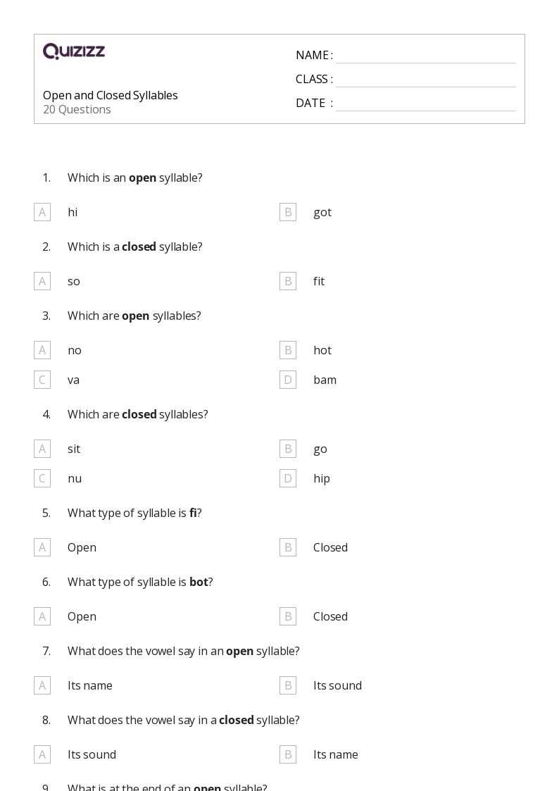 closed and open syllables worksheet