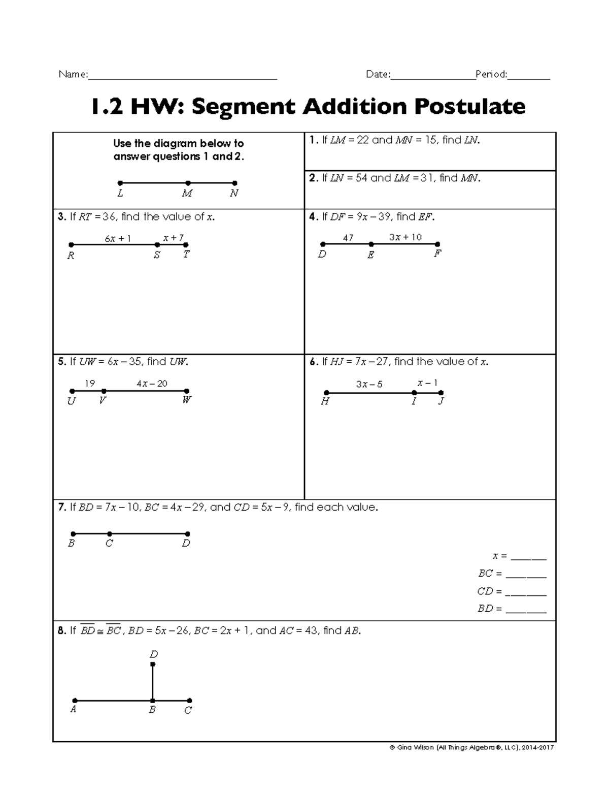 angle addition postulate worksheet with variables