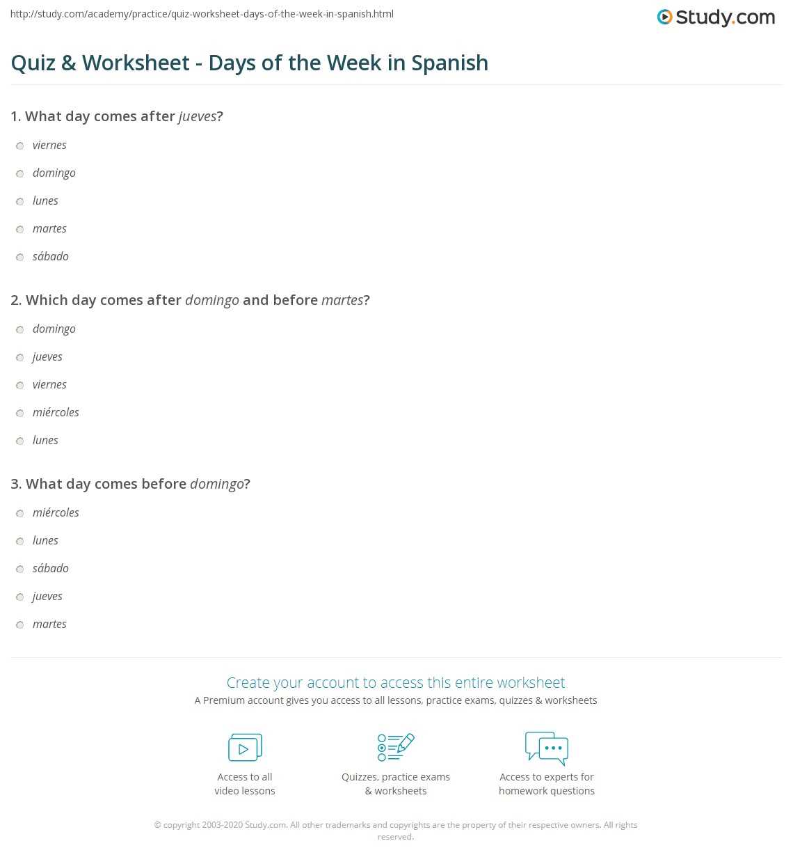 days of the week in spanish worksheet