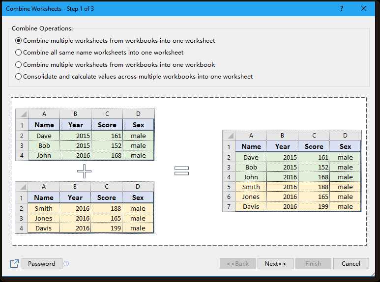 how to combine excel worksheets into one sheet