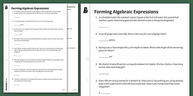 creating algebraic expressions worksheet