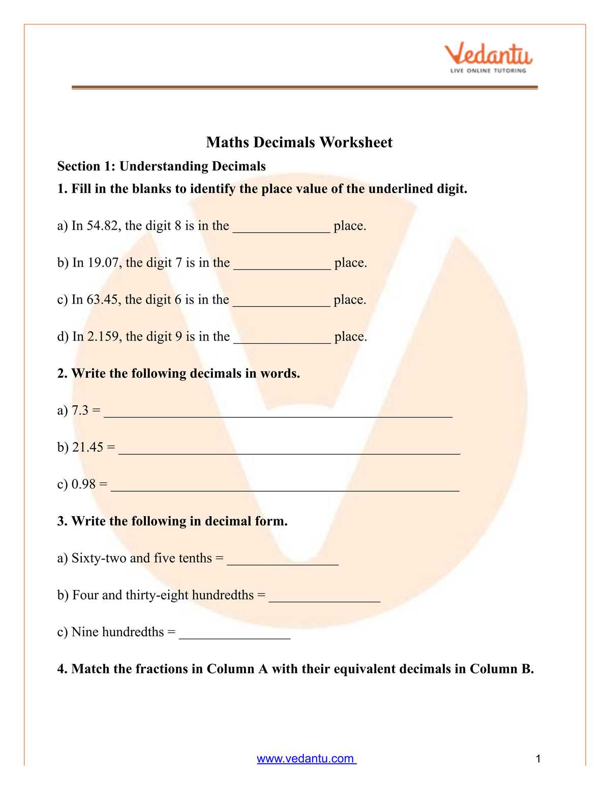 decimal number forms review worksheet
