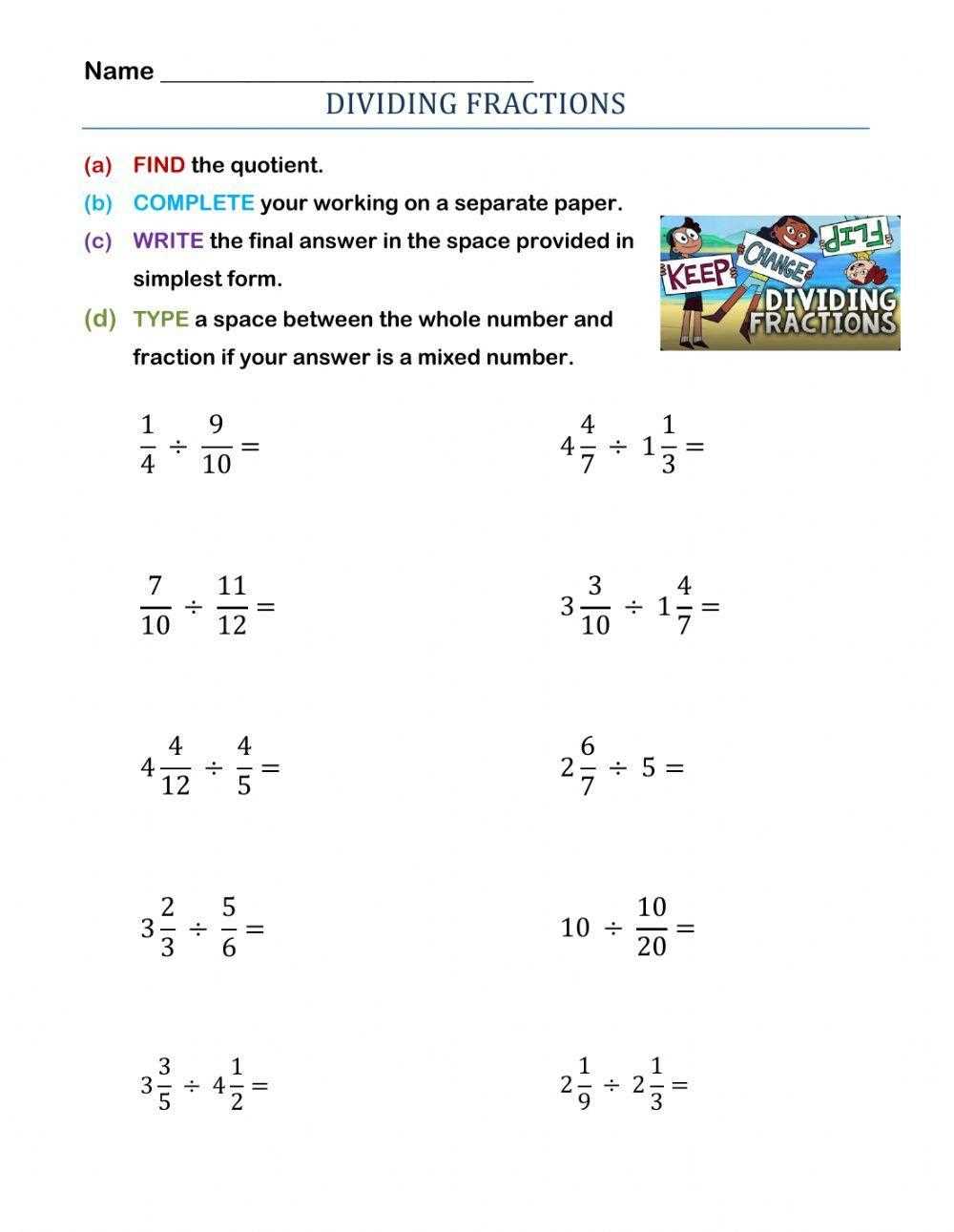 5th grade dividing fractions worksheet 5th grade dividing fractions worksheet
