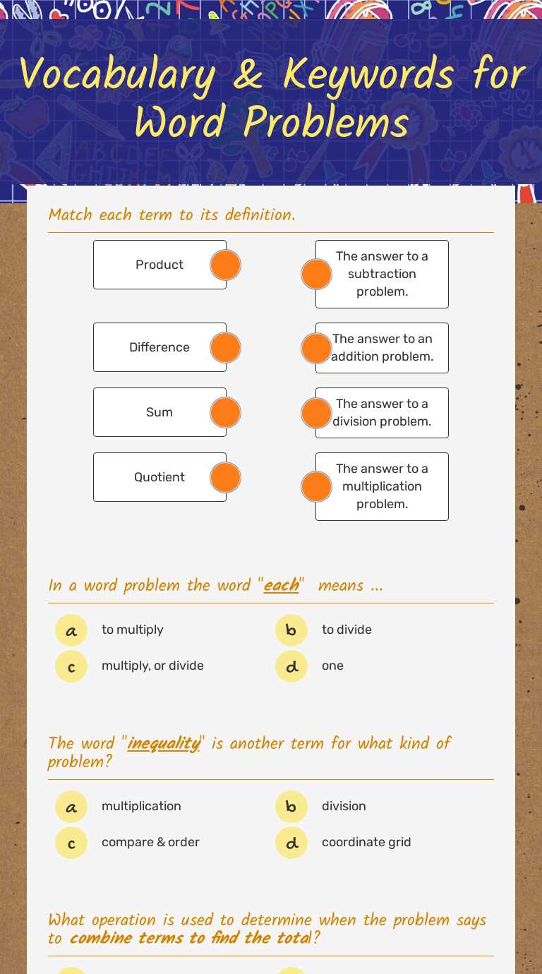 keywords in word problems worksheet