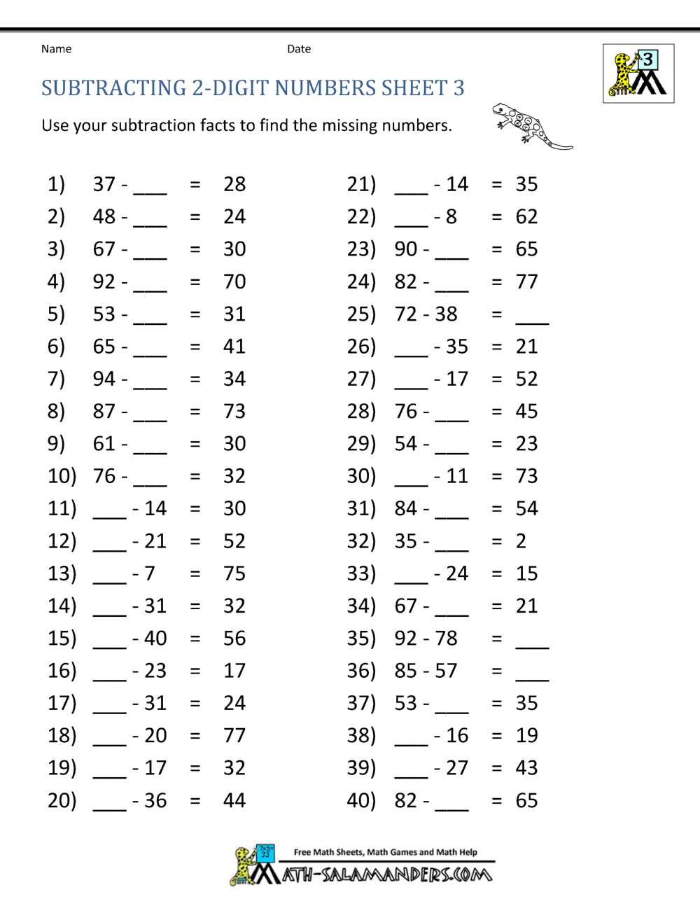 3rd grade math subtraction worksheets