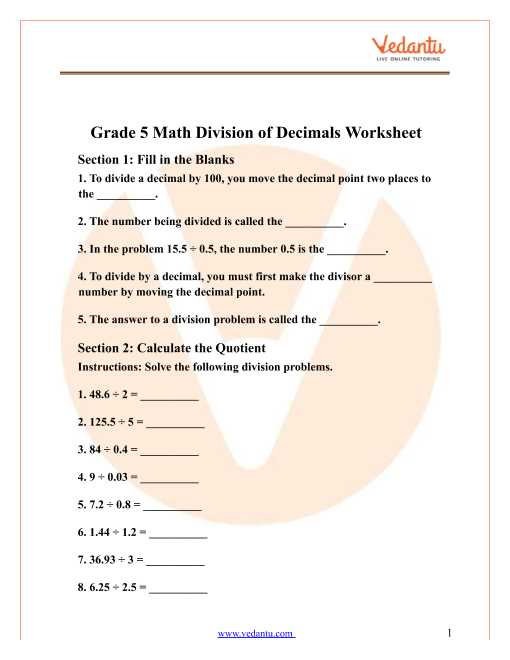 decimal division worksheets