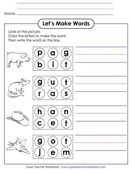 kindergarten cvc words worksheets