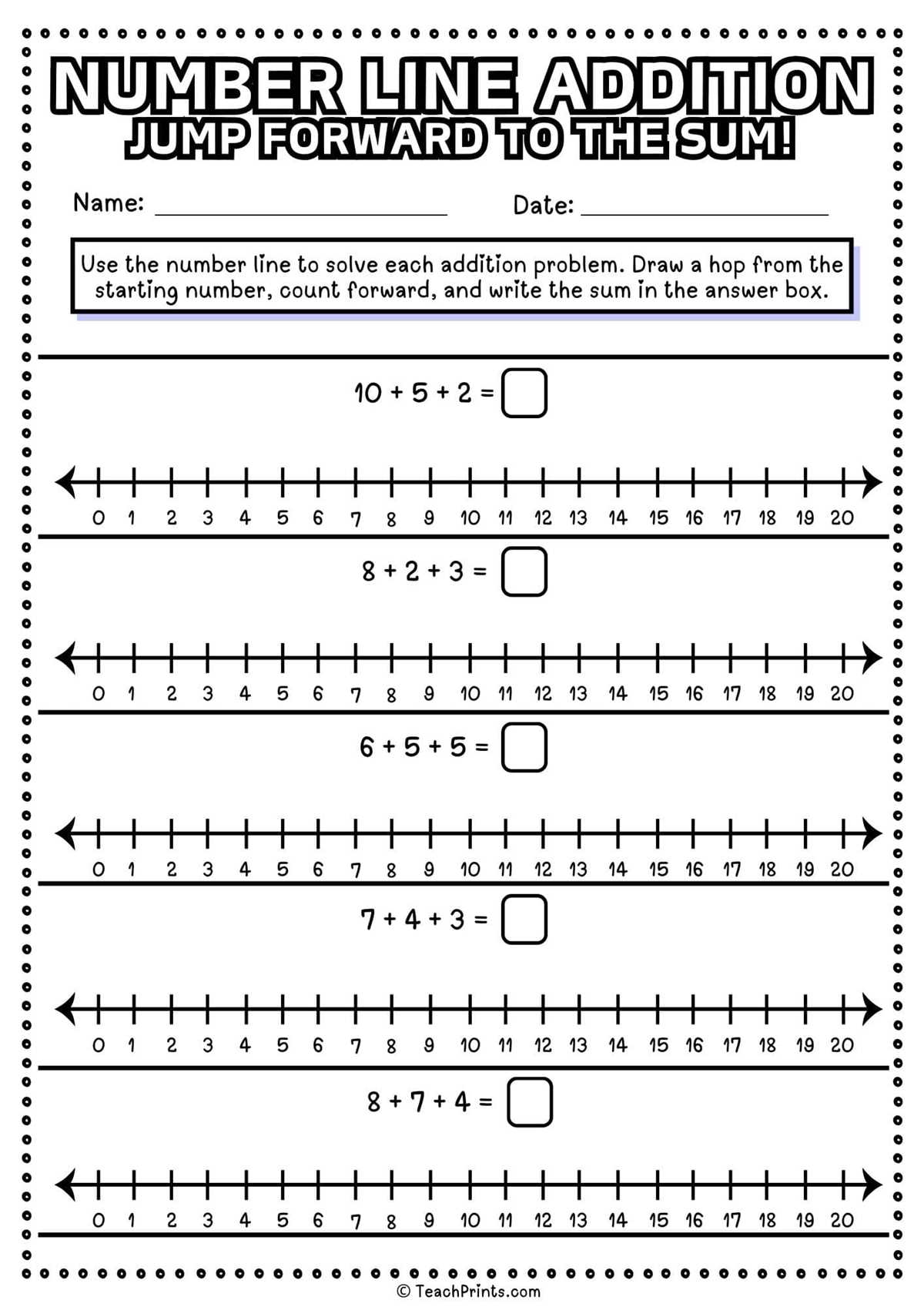 addition worksheets number line
