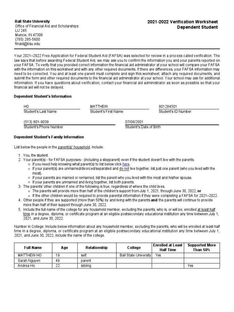 dep verification worksheet