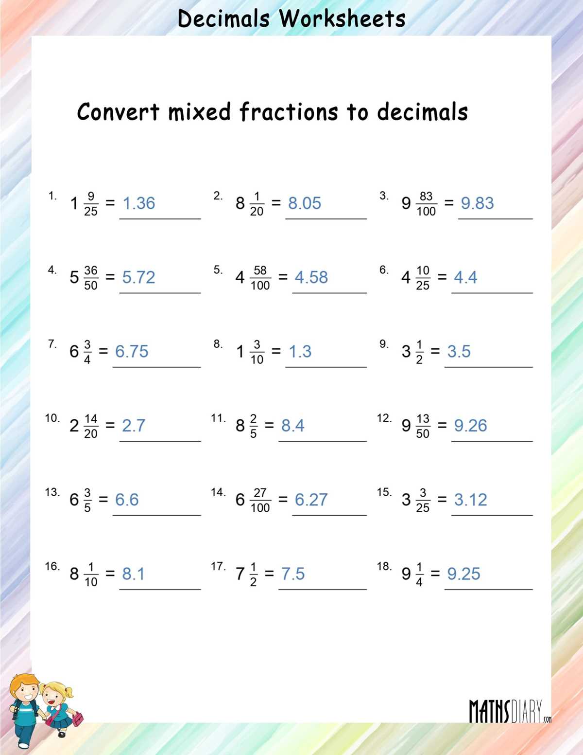 change decimal into fraction worksheet