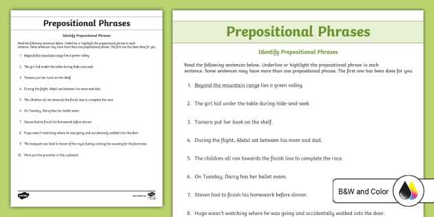 worksheet prepositional phrases