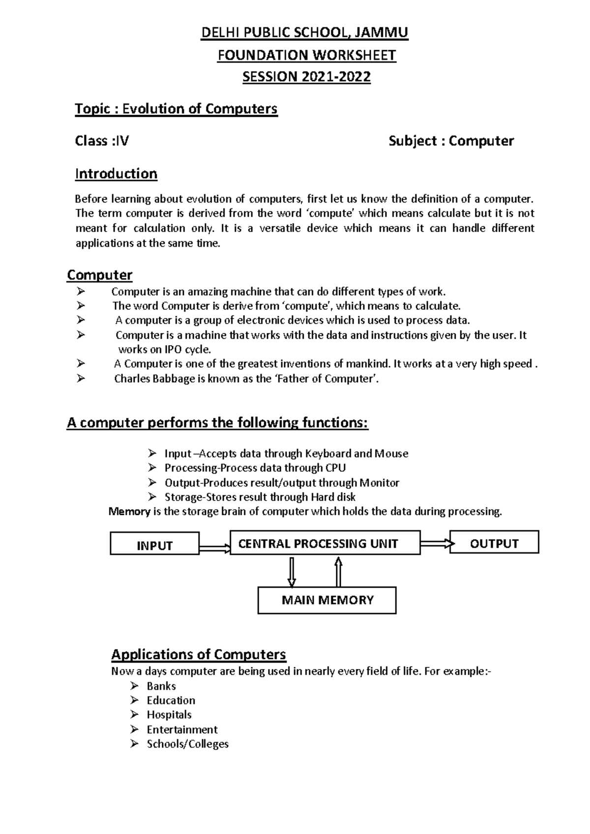 evolution of computer worksheet